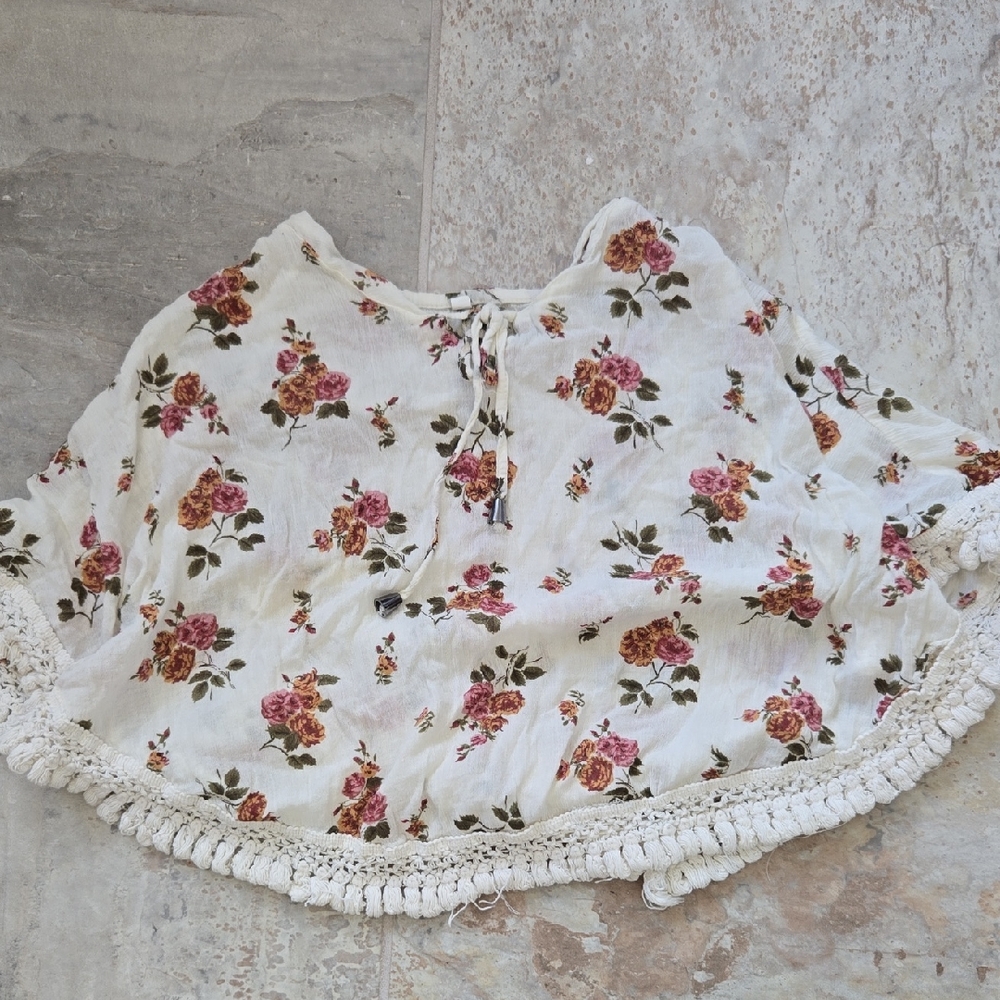 Floral Poncho with Crochet Trim